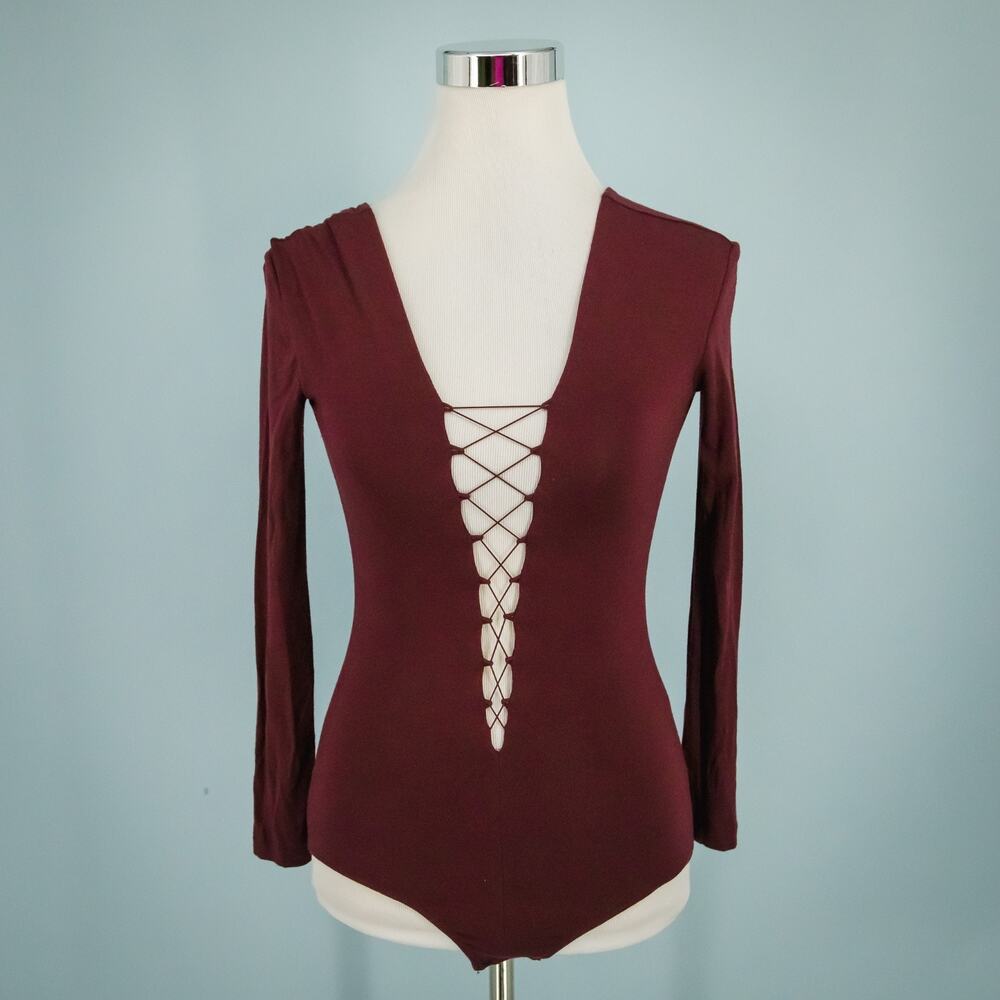 T Alexander Wang Size XS Cranberry Red Lace Up Long Sleeve Knit Bodysuit Top
